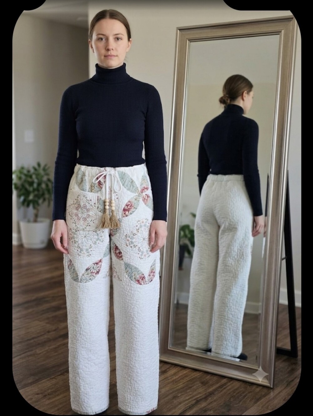 Upcycled Quilted Pants M-L White Embroidered Handmade Dont Throw It Out